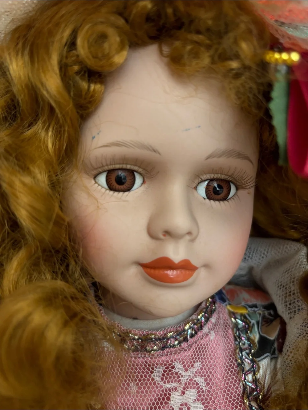 Unique Vintage Porcelain Doll in Pink Floral Gown with Lace Hat